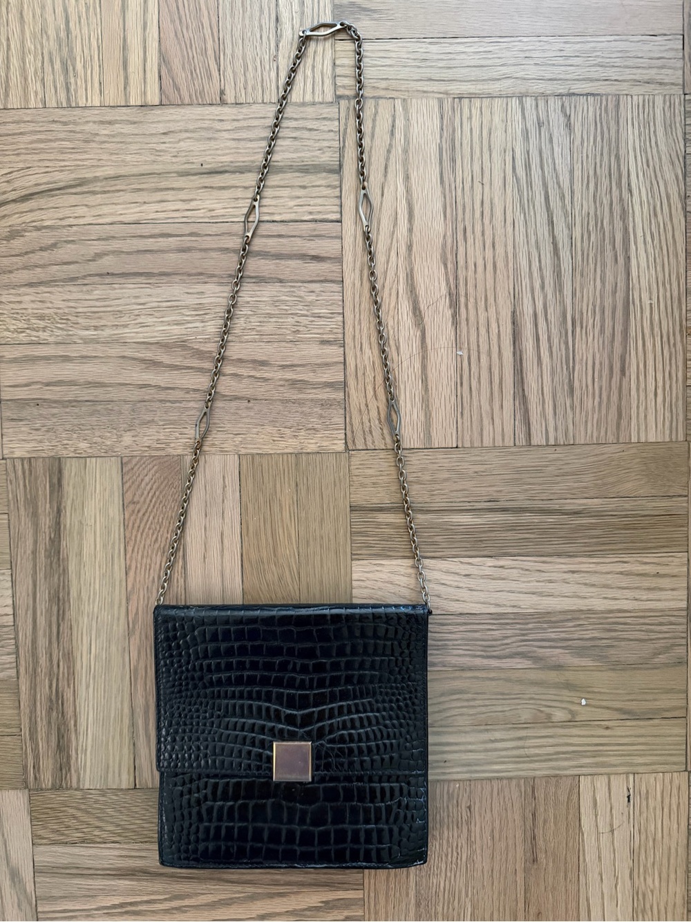 Black Croc-Embossed Chain Shoulder Bag